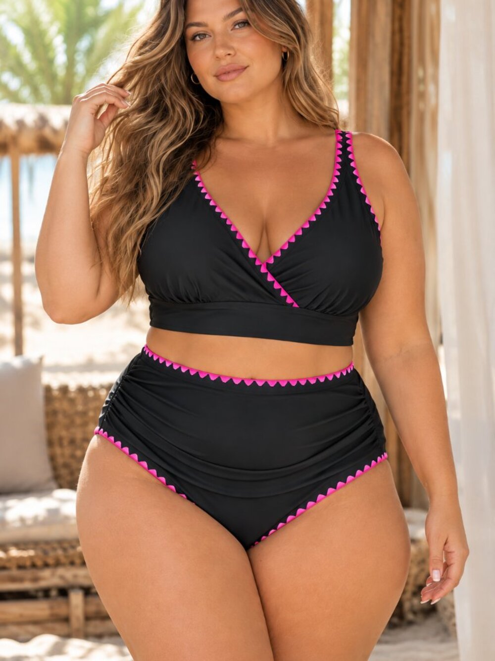 NWT BloomChic 3X 22-24 Black Pink Trim High Waist Bikini Swimsuit Set
